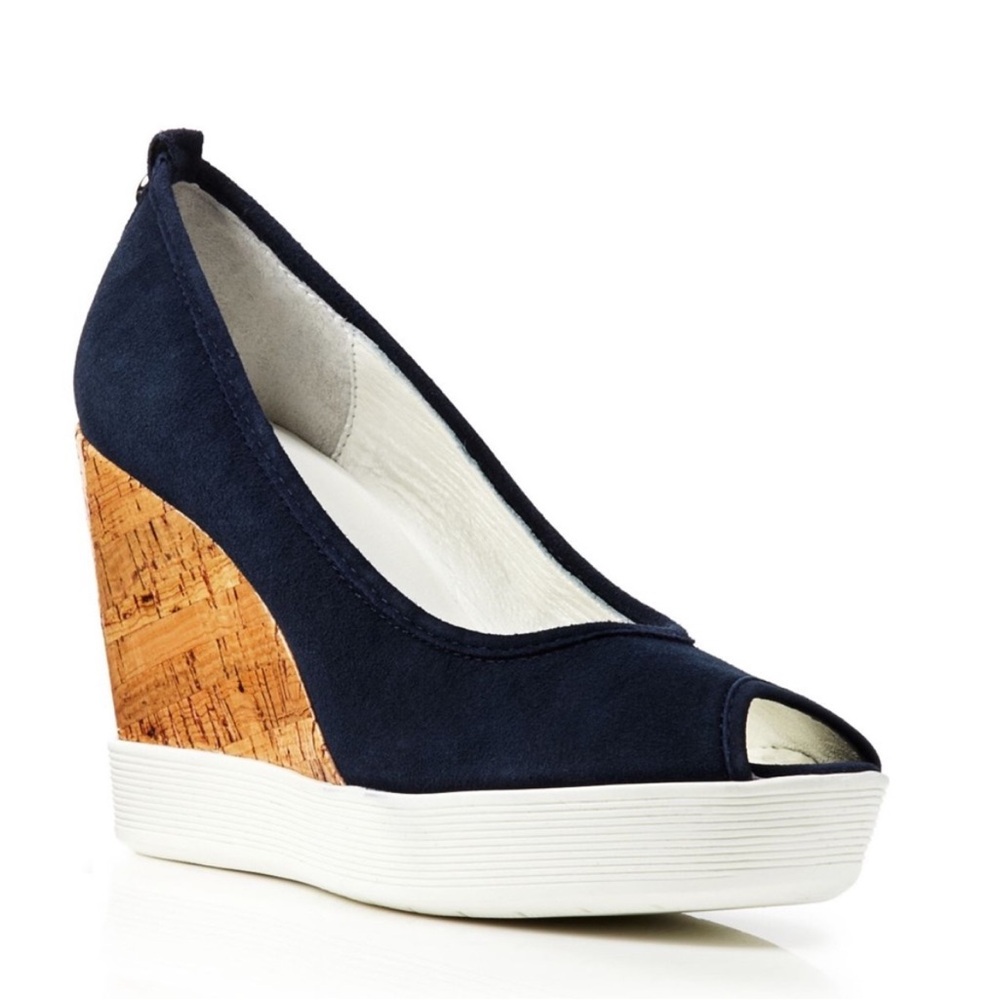 DONALD PLINER Carli Espadrille Shoe Navy Blue Suede Cork Wedge Heel Peep Toe 8